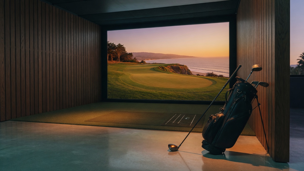 Private golf simulator bay facing a coastal hole