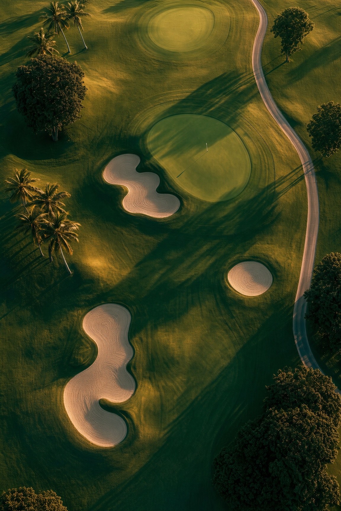 Aerial of a golf green, bunkers, and cart path at golden hour