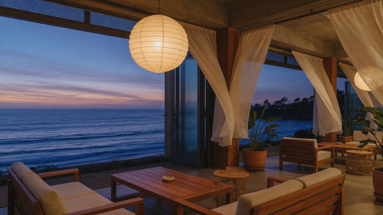 Coastal lobby at blue hour